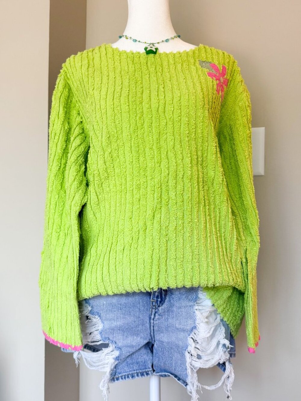 Vintage Handmade Lime Green Textured Sweater Wearable Art Oversized Boho